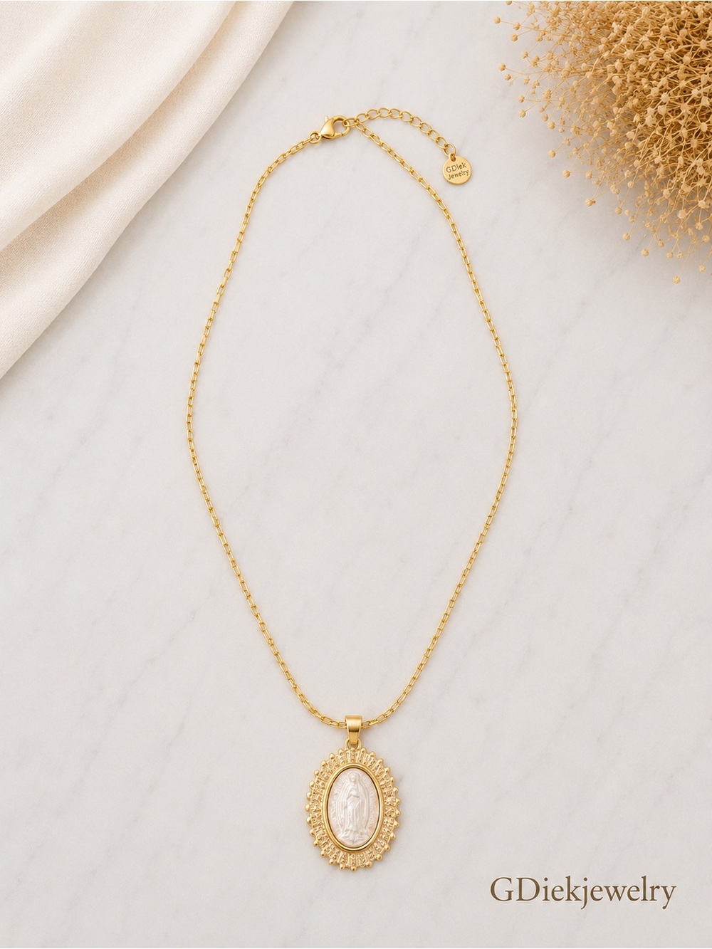 Goldfilled Oval Virgin Medallion Pendant Necklace With White Crystals